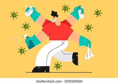 Protection from Coronavirus COVID-19 infection concept. Young businessman in medical face mask with multiple hands washing, sanitising hands and cleaning surfaces to protect from coronavirus
