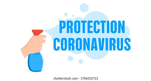 Protection coronavirus. Stop 2019-nCoV. Hand holding an antiseptic spray. Disinfectant solution. Isolated on white background. Prevention epidemic.
