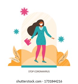 Protection from coronavirus. Woman in a medical mask stands under a glass cap. Social safe distance and personal protection against viruses during a pandemic. Stop coronavirus. Concept Illustration