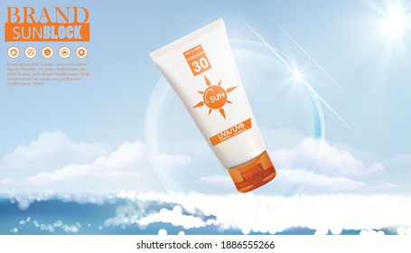 Protection cosmetic products design,sunscreen and sunbath cosmetic products design face and body lotion,moisturizer cream, liquid. Drawn elements,abstract sea bokeh blur background,vector illustration