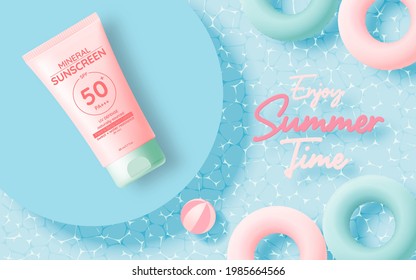 Protection Cosmetic Products Design,sunscreen And Sunbath Cosmetic Products Design Face And Body Lotion,moisturizer Cream, Liquid. Drawn Elements In Pastel Color