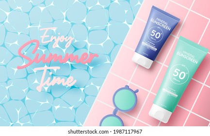 Protection cosmetic products design,sunscreen and sunbath cosmetic products design face and body lotion,moisturizer cream, liquid. drawn elements in pastel color