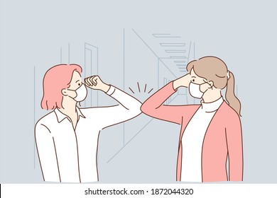 Protection from COVID-19 pandemic, healthcare and working during outbreak concept. Female colleagues in protective face masks greeting each other with bumping elbows at workplace vector illustration