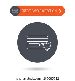 Protection credit card icon. Shopping sign. Gray flat circle button. Orange button with arrow. Vector