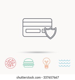 Protection credit card icon. Shopping sign. Global connect network, ocean wave and burger icons. Lightbulb lamp symbol.