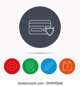 Protection credit card icon. Shopping sign. Calendar, cogwheel, document file and pencil icons.