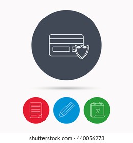 Protection credit card icon. Shopping sign. Calendar, pencil or edit and document file signs. Vector