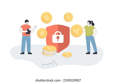 Protection for cryptocurrency investment of people. Tiny man and woman with lock on safety shield flat vector illustration. Cryptography, finance concept for banner, website design or landing web