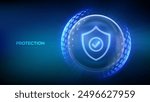 Protection. Cyber security. Network safety. Healthcare. Insurance. Protection shield with Check mark icon inside transparent sphere shield with hexagon pattern on blue background. Vector illustration.