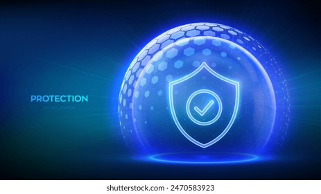 Protection. Cyber security. Network safety. Healthcare. Insurance. Protection shield with Check mark icon inside transparent sphere shield with hexagon pattern on blue background. Vector illustration.