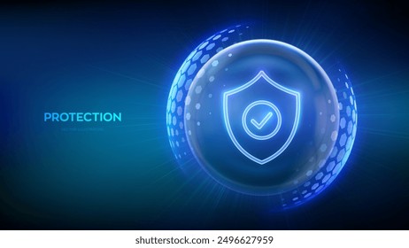 Protection. Cyber security. Network safety. Healthcare. Insurance. Protection shield with Check mark icon inside transparent sphere shield with hexagon pattern on blue background. Vector illustration.