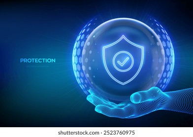 Protección. Ciberseguridad. Seguridad de la red. Sanidad. Seguro. Escudo de protección con icono de marca de verificación dentro del escudo de esfera transparente con patrón hexagonal en la mano de alambre. Ilustración vectorial.