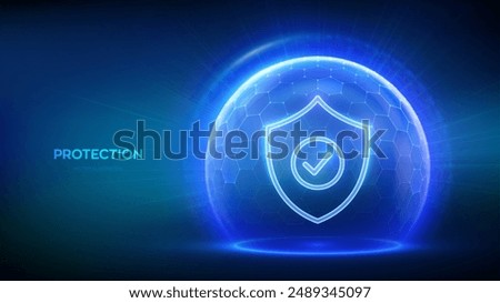 Protection. Cyber security. Network safety. Healthcare. Insurance. Protection shield with Check mark icon inside transparent sphere shield with hexagon pattern on blue background. Vector illustration.