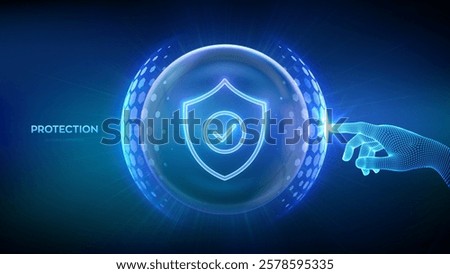 Protection. Cyber security. Network safety. Healthcare. Insurance. Hand touching Protection shield with Check mark icon inside transparent sphere shield with hexagon pattern. Vector illustration.