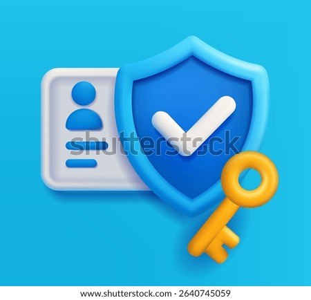 Protection. Cyber security. Network safety. Healthcare. Insurance. Secure Login. ID Card, Shield, and Key. Account Protection Icon, User Verification. Digital Access Key. Concept Vector illustration