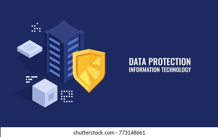 Protection data concept, server room rack, database security, shield server unit, computing digital technology isometric flat