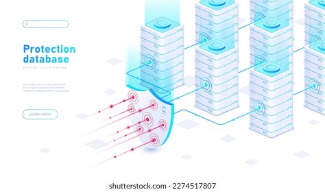 Protection database concept. Shield stands in front of servers and prevents attacks and theft of personal information. Firewall and antivirus software, vpn. Cartoon isometric vector illustration