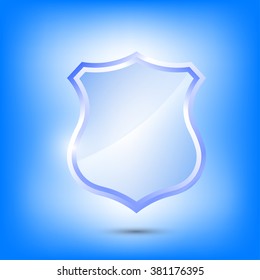 Protection, defense and security concept symbol: blue shield on isolated on blue background