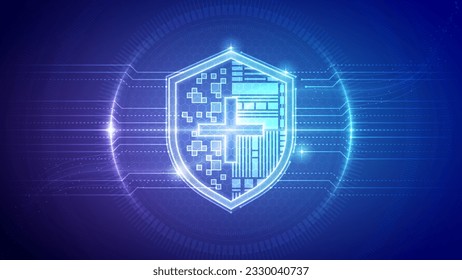 Protection Defense Shield, Internet Cyber Security Technology, Cybernetic Futuristic Robotic Circuit Board Translucent Neon Glow Hologram Backdrop Background Illustration