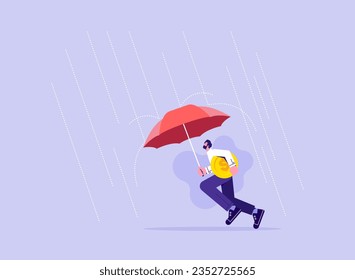 Protection or defensive stock in economy crisis or market crash concept, businessman carrying dollar coins and umbrella to cover and protect from business crisis, escape or avoid investment risk