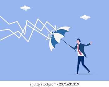 Protection or defensive stock in economy crisis or market crash, business resilient to survive difficulty or insurance concept, businessman holding umbrella to cover and protect from downturn arrow.