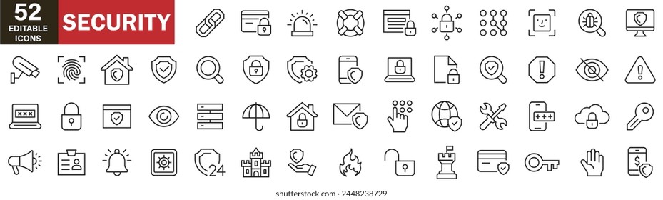 Protection and Digatal Security Vector Line Icons Set. Contains such Icons as Finger Print, Business Data Protection Technology, Cyber Security, Computer Network Protection. Editable Stroke