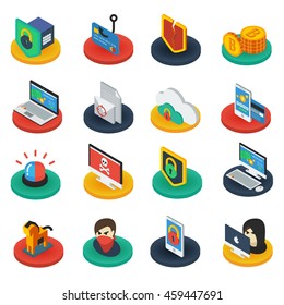 Protection of digital information isometric icons on round bases with  shields antivirus padlocks gadgets isolated vector illustration