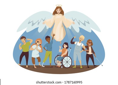 Protection, disability, support, religion, christianity concept. Angel biblical religious character protecting young happy handicapped injured disabled people men women. Divine help and healthcare.