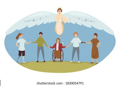 Protection, disability, support, religion, christianity concept. Angel biblical religious character protecting young happy handicapped injured disabled people men women. Divine help and healthcare.