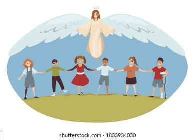 Protection, disability, support, religion, christianity concept. Angel biblical religious character protecting young happy handicapped injured disabled people children kids. Divine help healthcare.