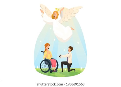 Protection, disability, support, religion, wedding, christianity concept. Angel biblical character happy for young man guy making marriage proposal to handicapped woman girl. Divine help good news joy