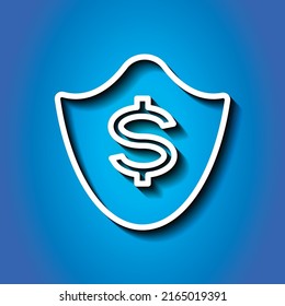 Protection, dollar simple icon vector. Flat design. White icon with shadow on blue background.ai