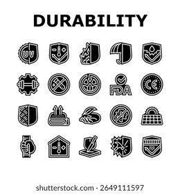 proteção durabilidade ícones do produto definir vetor. escudo, guarda, armadura, fortificar preservar, defender, proteger durável, resiliente proteção durabilidade produto glifo pictograma Ilustrações