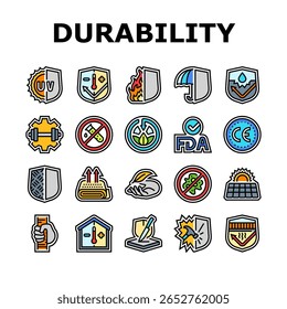 proteção durabilidade ícones do produto definir vetor. escudo, guarda, armadura, fortificar preservar, defender, proteger durável, resiliente proteção durabilidade do produto cores ilustrações