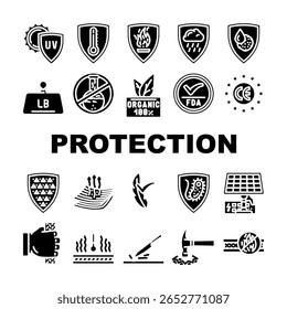 proteção durabilidade ícones do produto definir vetor. escudo, armadura de guarda, fortificar, preservar defender, seguro, durável, durável proteção durabilidade produto glifo pictograma ilustrações