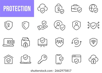 Proteção: conjunto de ícones editáveis. Ilustração vetorial no estilo de linha fina moderna de segurança	