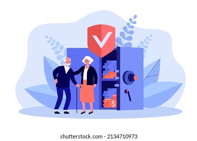 Protection of elder peoples money savings in bank safe. Financial care for tiny old man and woman flat vector illustration. Pension, insurance concept for banner, website design or land eb page