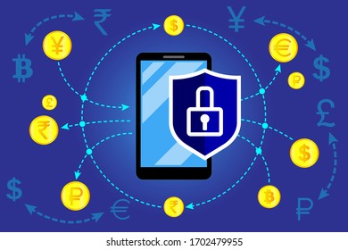 Protección de pagos electrónicos, transacciones y transferencias en todo el mundo, cambio de moneda. Aplicación para smartphone, teléfono, gadgets. Teléfono inteligente con escudo protector, monedas de oro alrededor, flechas