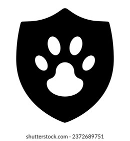 Protection emblem of pets solid icon, animal hospital concept, Pets Care Logo sign on white background, Animal paw on shield icon in glyph style for mobile and web design. Vector graphics