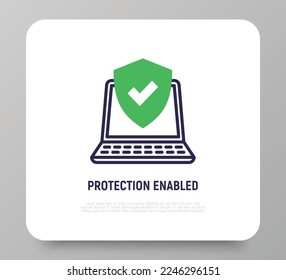 Icono de línea delgada habilitado para la protección. Escuche con marca de verificación en la pantalla del portátil. Ilustración vectorial moderna.