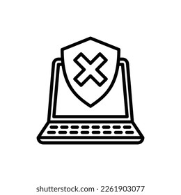 Icono de línea delgada habilitado para la protección. El ordenador portátil abierto está protegido por un escudo con marca cruzada. Ilustración vectorial.