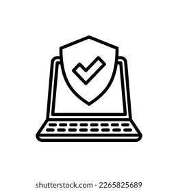 Protection enabled thin line icon. Shield with check mark on laptop screen. Modern vector illustration.