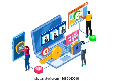 Protección y cifrado de datos e información. Un grupo de personas está trabajando para crear un acceso seguro a los datos y dispositivos. Ilustración isométrica vectorial.