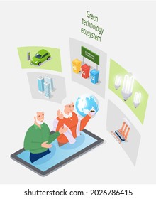 Protection of enviroment concept. Elderly couple in tablet working with green technology for industrial development of planet. Analysing technologies for garbage sorting, electricity production