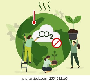 Protection environment and ecology concept. People care to save earth warning about CO2 emission, reforestation of trees, sustainable environmental management. Trendy flat vector illustration. 
