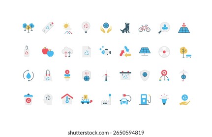 Protection of environment, nature and ecology through eco recycle and reuse technology color icon set. Save Earth, forest conservation and renewable power, green energy flat vector illustration
