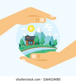 Protection of environment, use of environmentally friendly natural products, careful attitude to nature and vegetation. Clean city, reservoirs, landscape, alternative resources. Vector illustration.