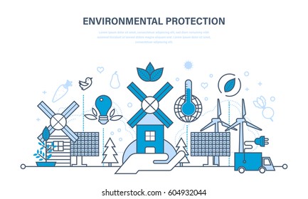 Protection of the environment, use of natural clean products and resources, careful attitude to nature. Illustration thin line design of vector doodles, infographics elements.