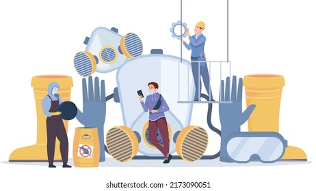 Protection equipment items gloves glasses respirators boots and workers wearing ppe flat vector illustration