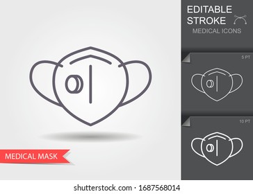 Protection face mask with flap icon. Linear medical symbols with editable stroke with shadow